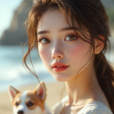 The primary subject of the image is a woman holding a small dog. The woman is wearing a white shirt and has long hair. The setting is a beach, with the ocean visible in the background. The visual style is a photo, capturing the woman and her dog in a natural environment. The colors and mood of the image are warm and inviting, with the woman and her dog creating a sense of companionship and relaxation.